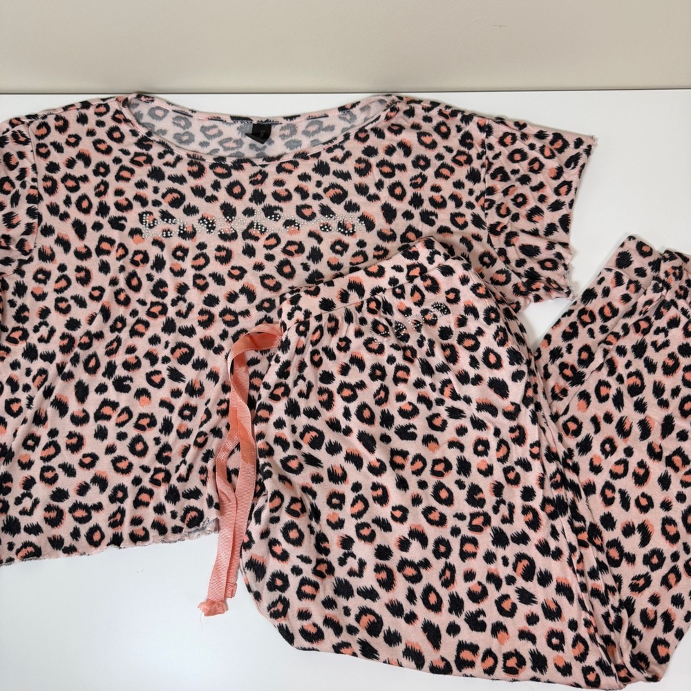 Bebe Pajama Set Leopard Print Rhinestone Logo Loungewear 2 Piece Retro Leisure